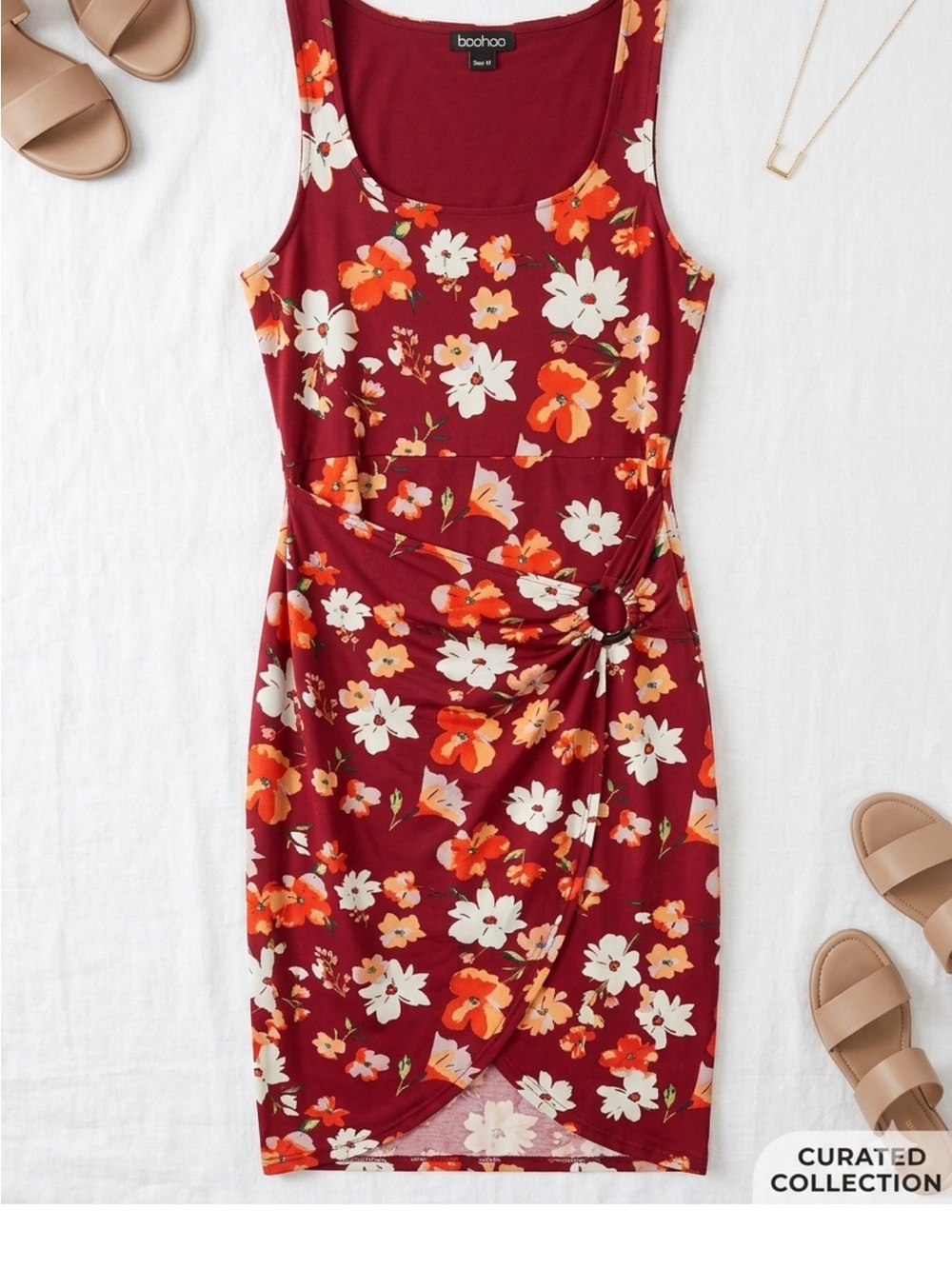 Boohoo Burgundy Floral Knot-Front Mini Dress LARGE